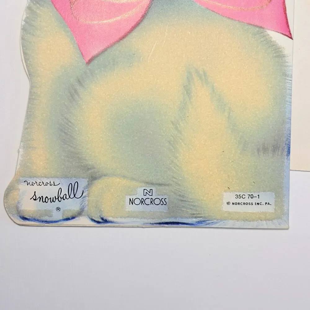1970’s Norcross Flocked Greeting Card Cat Kitten How Are You? Snowball Unused